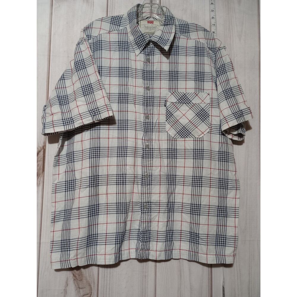 Levis Shirt Mens Large Blue Red White Plaid Button Up Short Sleeve Soft Cotton
